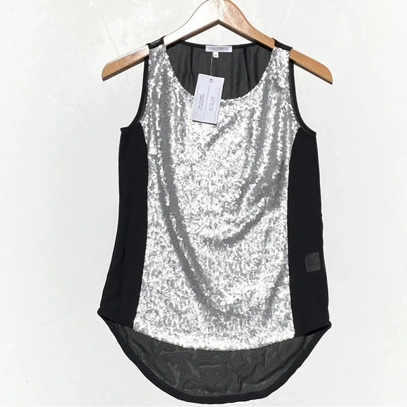 Naracamicie Tops - NWT NARA CAMICIE Women’s Silver Sequin Black Chiffon Sheer Layering Tank size 0